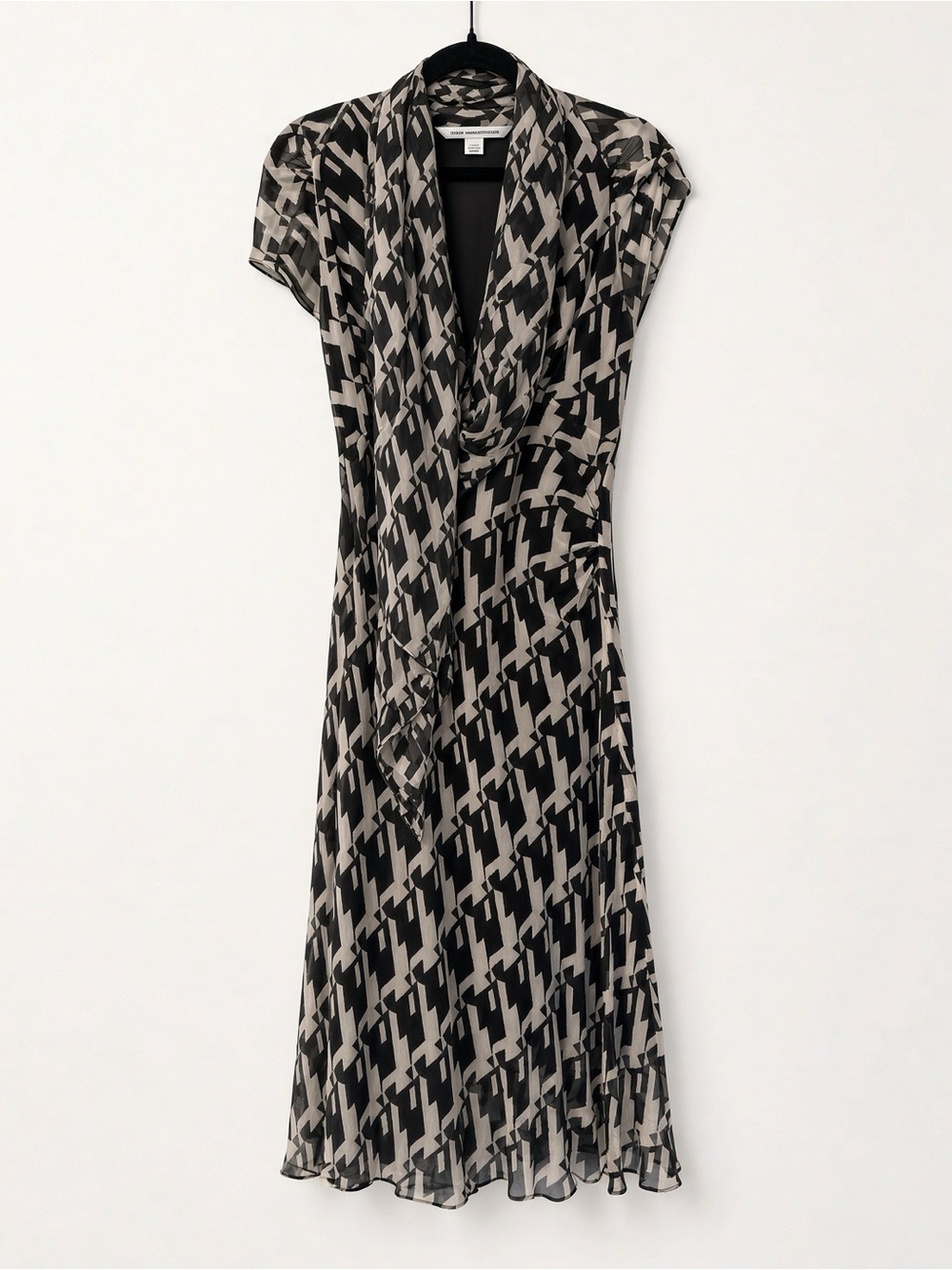 Diane von Furstenberg Silk Midi Dress 8 Black Cream Geometric Scarf Neck Elegant